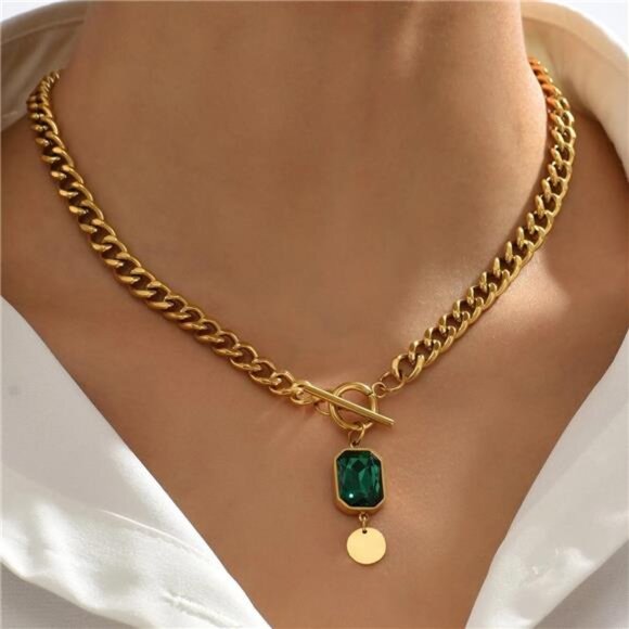 Emerald Green Toggle Necklace | Gold Stainless Steel - Picture 1 of 4